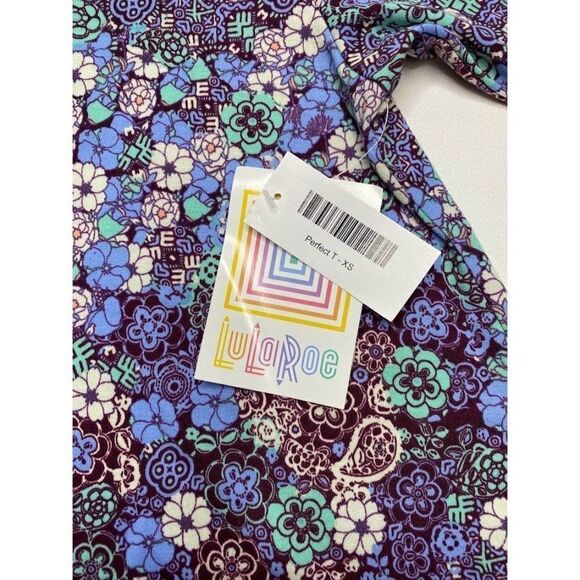 LuLaRoe Perfect T Shirt Top Purple Green Floral‎ XS NEW - Picture 4 of 6
